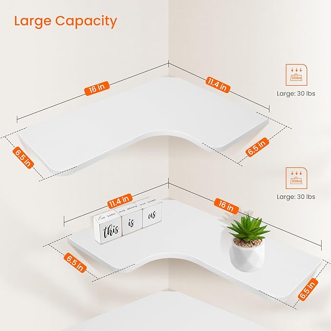 Homode Corner Floating Shelves, Set of 3 Corner Wall Shelves with Wire Hole, L-Shaped Wood Hanging Storage Shelf for Wall Decor, for Bathroom Kitchen Bedroom, White