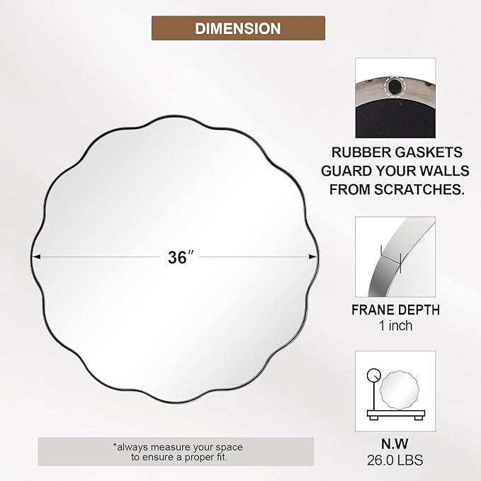 ANDY STAR Chrome Round Wall Mirror 36 inch, Polished Metal Frame Circle Bathroom Mirror in SUS304 Stainless Steel Frame, with Unique Modern Circular Wavy Design