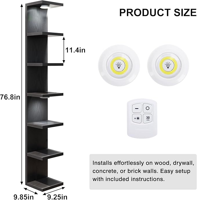 Fixwal Black Shelves 7 Tier Wall Mounted Shelf Unit Floating Shelves with LED Lights Lack Wall Shelf for Home Decor Organizer Display