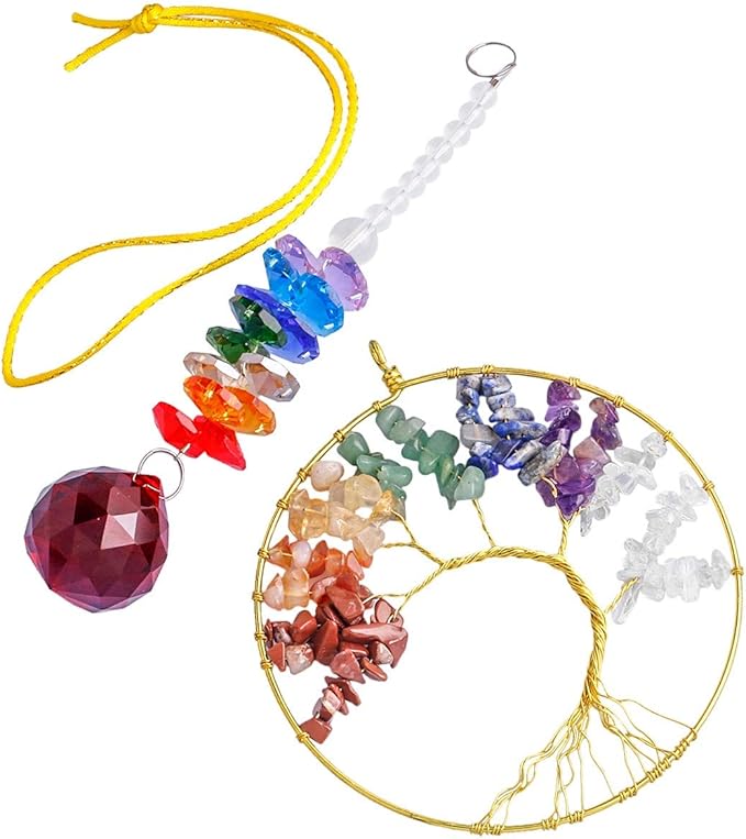rockcloud Hanging Tree of Life Crystal Point Prism Glass Holiday Decorations Wall Decor Christmas Tree Ornaments Suncatcher Wedding Souvenir Home Decor 4 inches, Colorful Stones