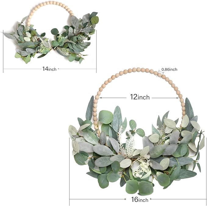TEMPUS 2Pcs 16" Artificial Eucalyptus Wreaths - Handmade Wooden Bead & Lamb's Ear Spring Wreaths for Front Door, Farmhouse Wall Decor, Holiday Party
