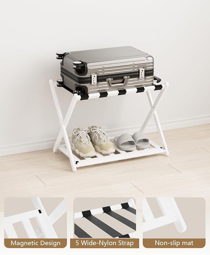 Luggage Rack, Folding Luggage Rack for Guest Room, Bamboo Suitcase Stand with Unique Magnetic Locking, Luggage Stand with Storage Shelf for Hotel, Bedroom, Guest Room, White, WT01XLG1