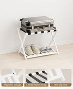 Luggage Rack, Folding Luggage Rack for Guest Room, Bamboo Suitcase Stand with Unique Magnetic Locking, Luggage Stand with Storage Shelf for Hotel, Bedroom, Guest Room, White, WT01XLG1