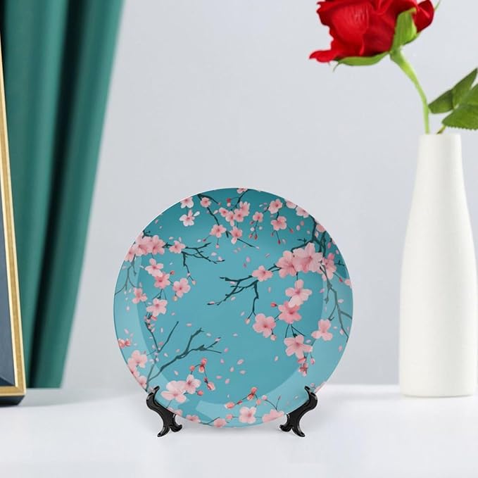Japanese Spring Theme Decorative Ceramic Plate Round Porcelain Plate,Sakura Tree Branches Pattern,for Decorative Ornaments Giving Plates, 1 Plate with 1 Display Stand,Blue Pink,10 inch