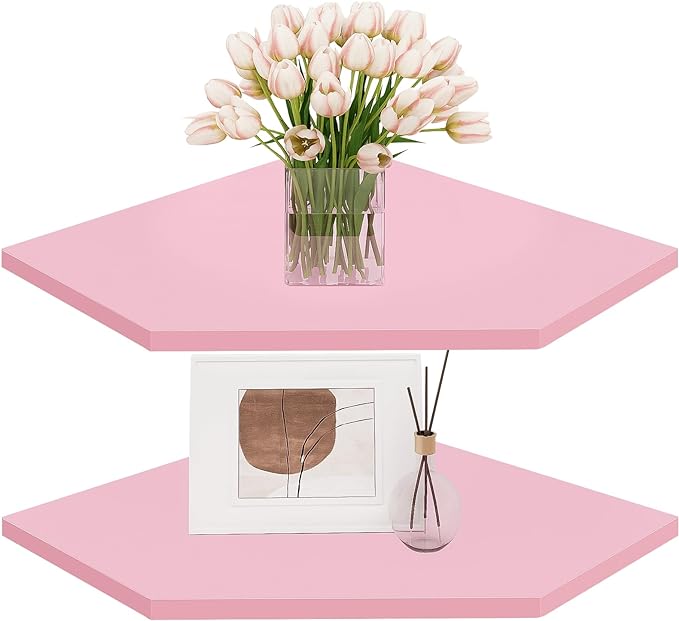 Homode Corner Floating Shelves, Corner Wall Shelf with Cord Hole, 2 Tier Wood Hanging Corner Shelf for Bathroom, Bedroom, Living Room, Pink