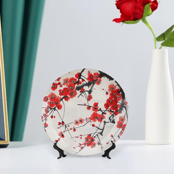Japanese Spring Theme Decorative Ceramic Plate Round Porcelain Plate,Plum Tree Blossoms Pattern,for Decorative Ornaments Giving Plates, 1 Plate with 1 Display Stand,Red Beige,7 inch