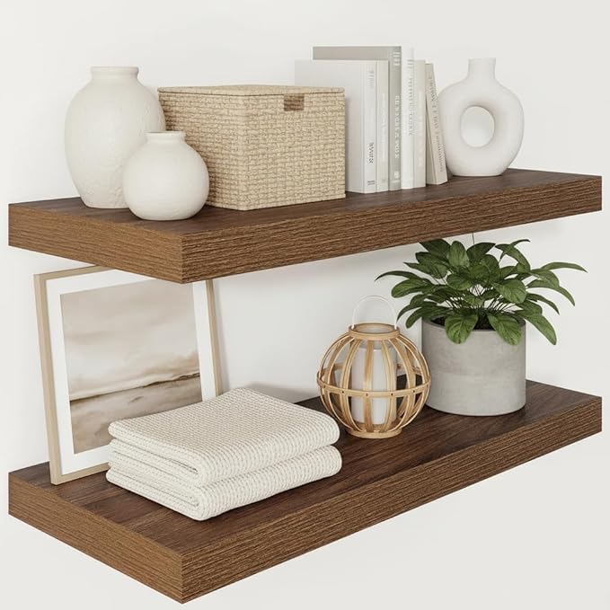 Vivelove Wide Floating Shelves for Wall 12 Inch Deep, 30" X 12" X 2" Floating Shelf, 2 Inch Thick Shelf for Living Room Bathroom Bedroom Kitchen Book Room, Rustic Farmhouse Decor Set of 2, Walnut