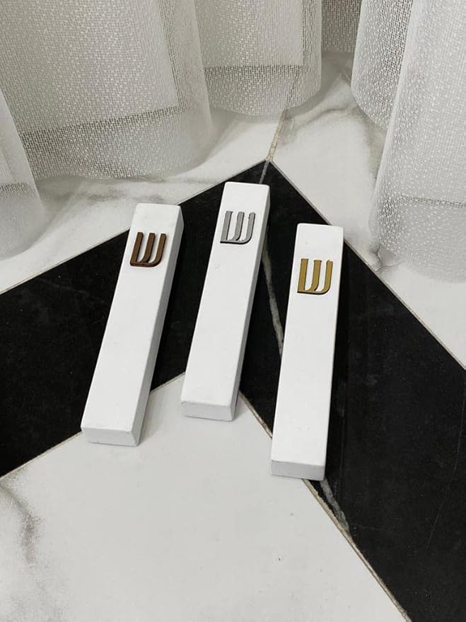 A&S Mezuzot Modern Concrete Mezuzah Case with Scroll, Easy Peel and Stick Mezuza (Ivory+ Wood Shin, 9 Inches)