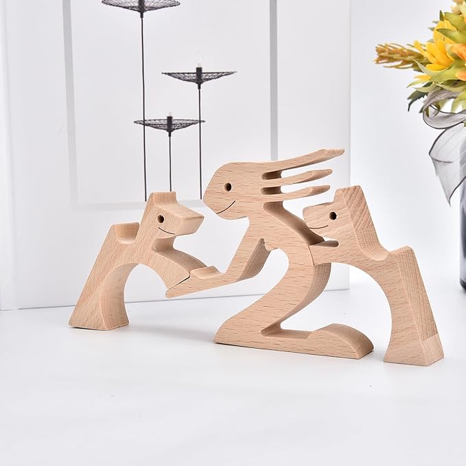 ISHINE Wood Decor Wooden Statue Man and Dog Figurine Handmade Carved Creative Home Office Gift for Men Women Accents Decoration Natural ECO Friendly 7x3 inches (Woman & Dogs Embrace)