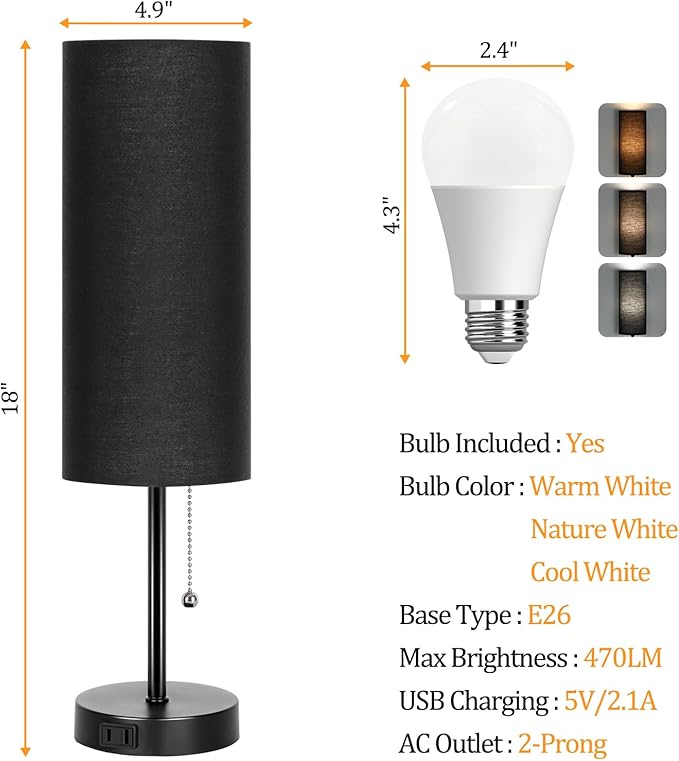 Dott Arts 18" Table Lamp for Bedroom, 3-Color Bedside Lamps with Pull Chain, Bedroom Table Lamps for Nightstand,AC Outlet Small Lamp for Living Room, Bulb Included Black