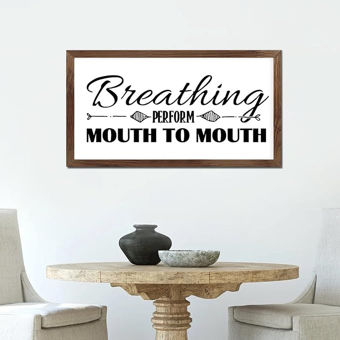 Family Lettering 12x22in Wood Framed Sign with Encouragement Quote Breathing Perform Mouth to Mouth Apricot Frame Wooden Plaque Housewarming Gift for Cottage Office Farmhouse Porch Wall Decor