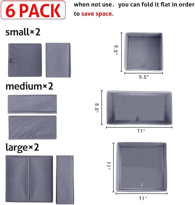 homyfort Dresser Drawer Organizer, Foldable Cloth Storage Box Closet Cube Basket Bins Containers Divider with Drawers for Underwear, Bras, Socks, Ties, Scarves, Set of 6, Grey