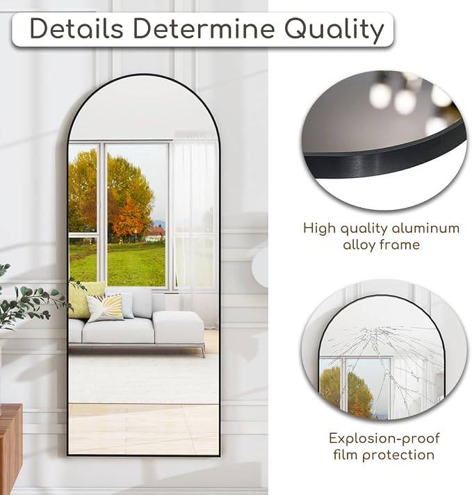 Prywot Arched Floor Mirror, 58 "x 18" Full Length Mirror Wall Mirrors Hanging or Leaning Arched-Top Full Body Mirrors with Stand for Bedroom, Dressing Room, Black