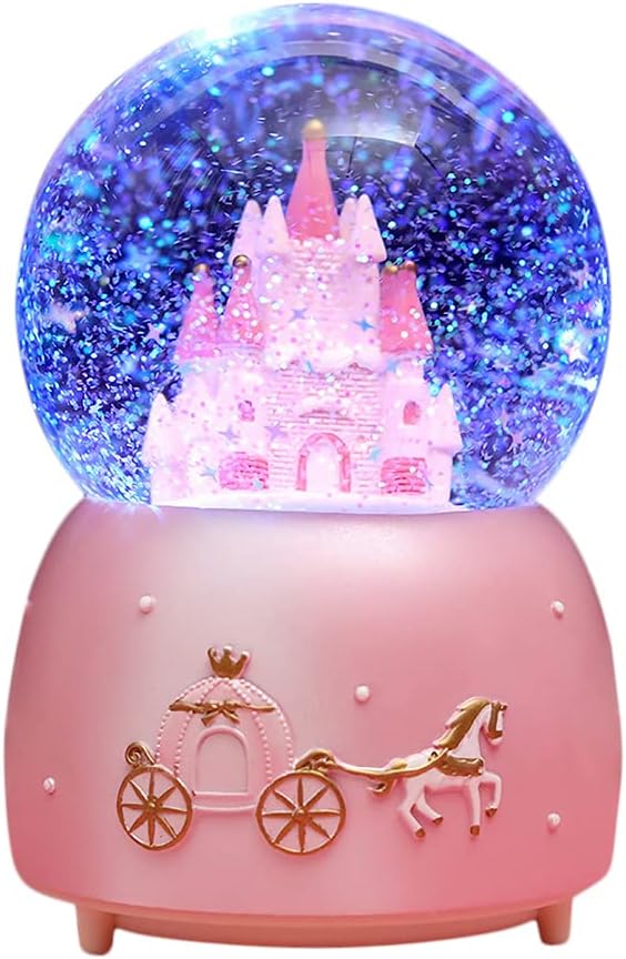 Castle Snow Globes Luminous Music Box Cartoon Christmas Snow House Automatic Spray Rotating Crystal Ball with Color Changing LED Lights for Home Decoration Birthday Gift