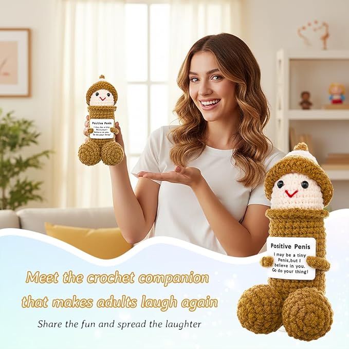 Funny Positive Crochet Animals Gag Doll Emotional Support Stuffed plushies for Adult Men Women,Weird Things Motivational White Elephant (Brown P with Hat)