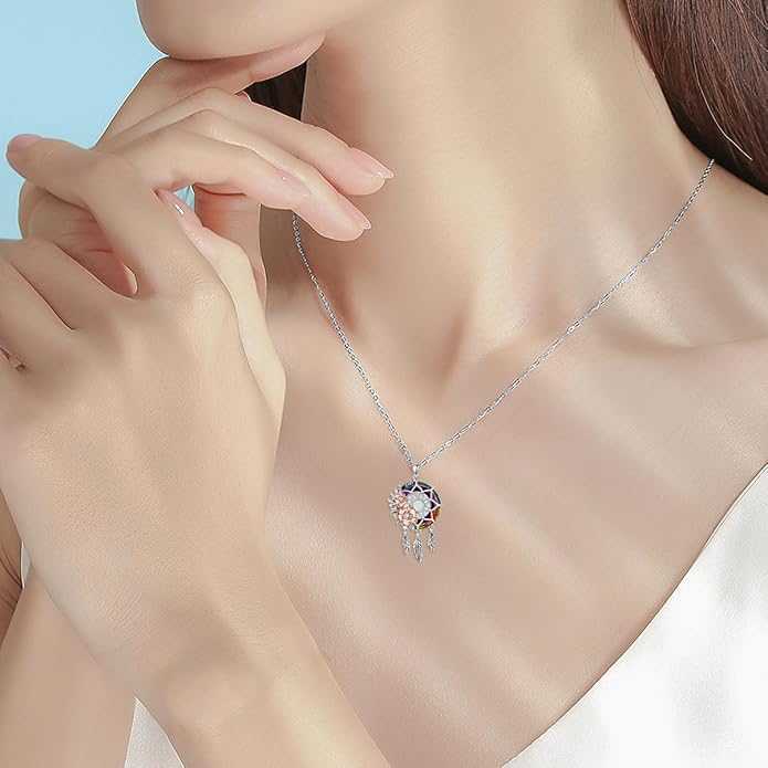 Dream Catcher Crystal Pendant Flower Urn Necklace Jewelry 925 Sterling Silver Keepsake Cremation Necklaces for Human Pet Ashes for Women