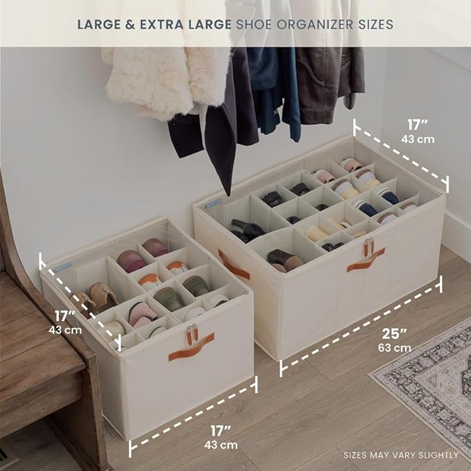 OrganiHaus Large Shoe Storage Bin for Closet, Shoe Organizer Box Fits up to 16 Pairs, Collapsible Fabric Shoe Basket w/Clear Cover, Adjustable Dividers & Reinforced Handles, Off-White