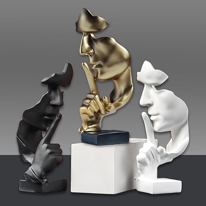 aboxoo Abstract Statues Silence is Gold Decorative Objects,Modern and Simple Resin Figurine,Desk Decoration for Office Home Piano Deco(Large Silver)