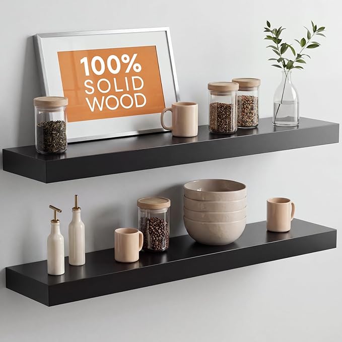Homeforia Black Floating Shelves 30 inches Long, High End Solid Real Wood 30 inch Floating Shelf for Wall Mounted, Black Wooden 30in Floating Shelves, Heavy Duty Bracket, 30 X 6.5 X 1.75 in, Set of 2