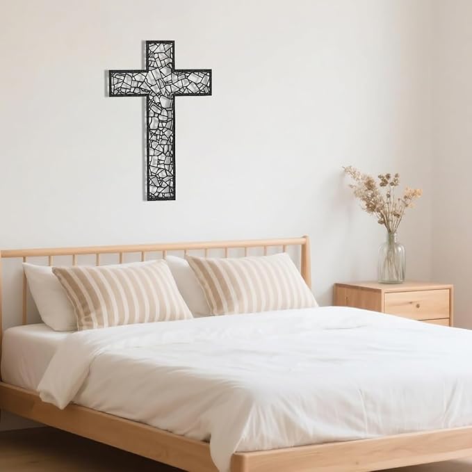 WORGO Metal Cross for Wall Crosses Wall Decor for Spiritual Home Decor and Gifting Metal Wall Art Christian Home Decor for Living Room Dining Room Bathroom (Black, 29.9" L x 19.8" W)