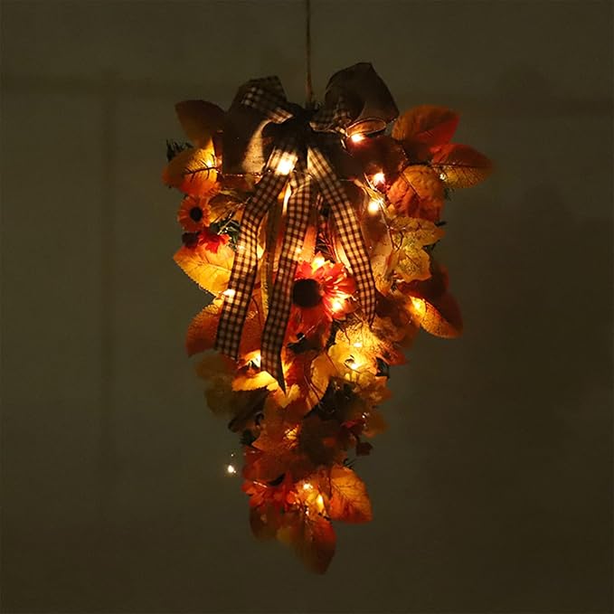 Harvest Teardrop Swag, 20inch Fall Teardrop Swag with Maple Leaves, Bow and Sunflowers, Autumn Decorative Swag Fall Floral Swag for Home Door Wall Decor(Without Light)
