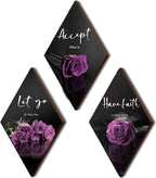 ZINYAZHE 3 Pcs Purple Wall Decor Inspirational Rose Bathroom Decor Wooden Purple Wall Art Office Wall Decor with Accept Let Go Have Faith Sign for Girl Women Living Room Bedroom(12 x 7 Inch)