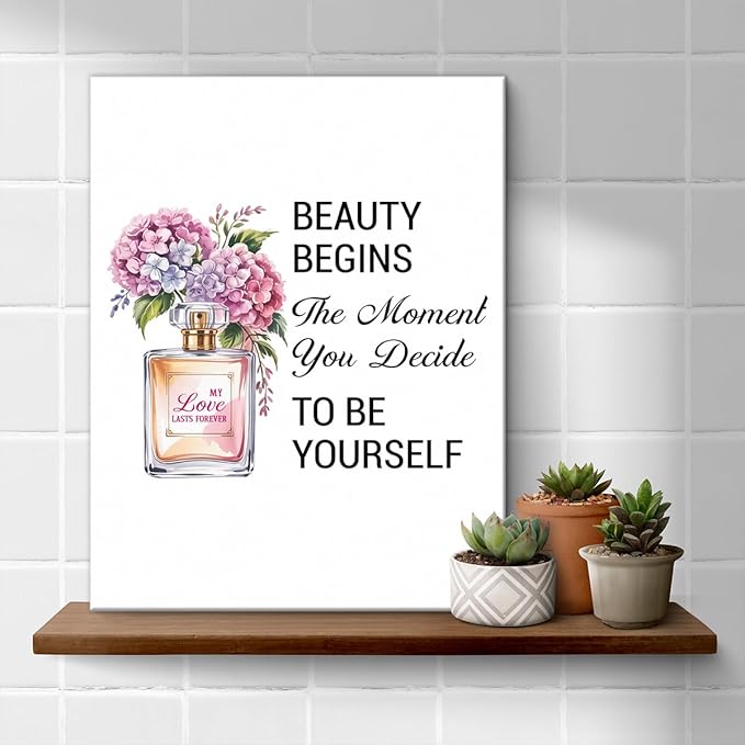 Inspirational Pink Flower Wall Art Decor for Powder Room Bedroom Bathroom, Motivational Quotes Wall Decor Canvas Painting Pictures Artwork Gift for Women Teens (11.5 X 15 Inches, Framed)