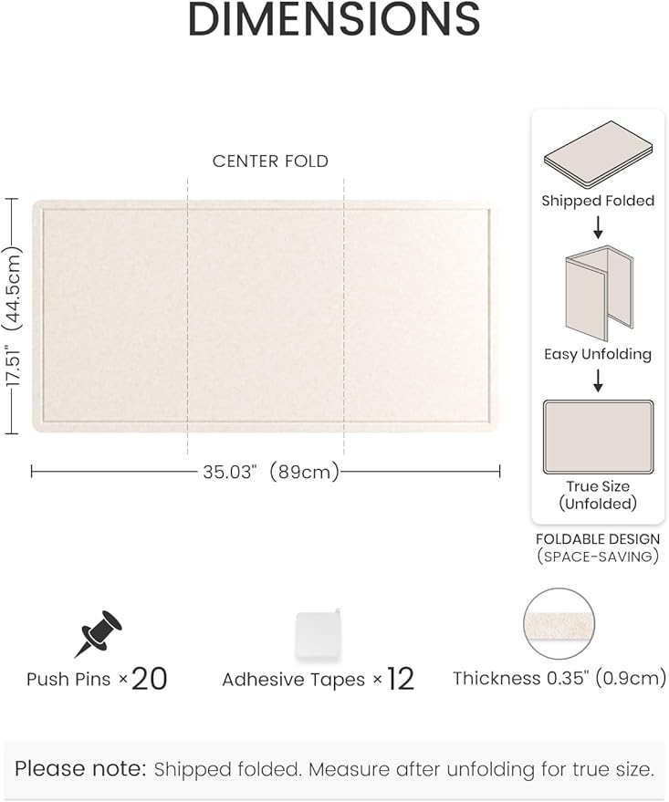 Fluxynara Bulletin Board, 35" x 17.5" Cork Board Alternative with 12 Safe Removable Adhesive Tabs, Foldable Felt Pin Board for Home Office, Classroom, Bedroom,Entryway for Walls—Oatmeal
