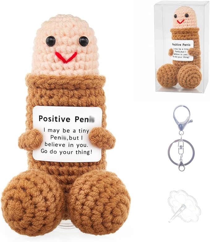 Funny Positive Crochet Animals Gag Doll Emotional Support Stuffed plushies for Adult Men Women,Weird Things Motivational White Elephant Christmas Gift (Brown Doll without Glasses)