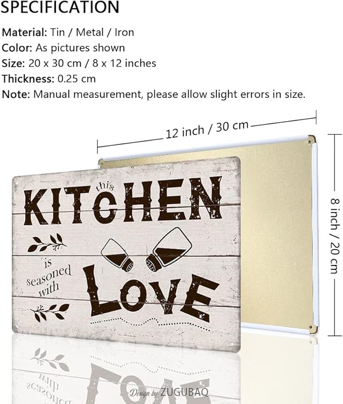 Funny Kitchen Signs Decor-Kitchen Farmhouse Decor-Personalized Kitchen Metal Sign-Kitchen Counter Accessories-12x8 Inch Hanging Plaque Home Wall Decorations-This Kitchen Is Seasoned With Love
