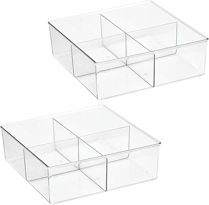 mDesign Plastic 4 Compartment Divided Drawer and Closet Storage Bin - Organizer for Scarves, Socks, Ties Bras, and Underwear - Dress Drawer Organizer, Shelf Organization - 2 Pack - Clear