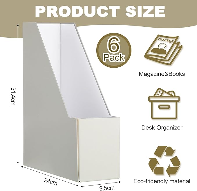 Gueevin Set of 6 Magazine File Holders, Sturdy Cardboard Desk Magazine Organizer with Gold Label Slots, Foldable File Folder Rack for Home Office Classroom Library(Beige)
