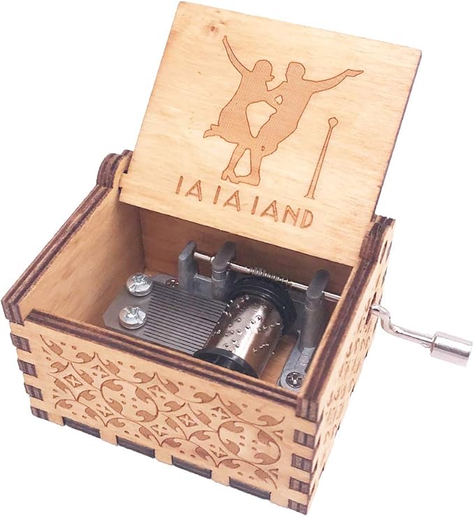 Lalaland Music Box Hand Crank Musical Box Carved Wooden,Play The Theme Song of Lalaland,Brown