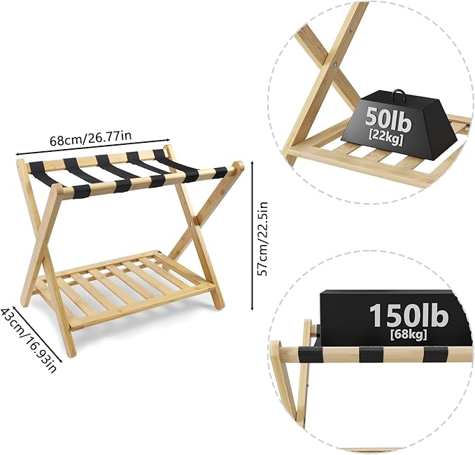 Smuxee Fully Assembled Luggage Rack Pack of 2, Upgraded Bamboo Foldable Suitcase Stand with 5 Nylon Straps, Luggage Holder with Shelf for Guest Room Bedroom Hotel