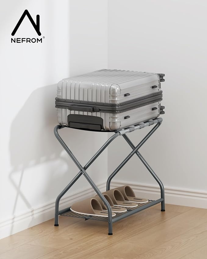 Luggage Rack with Storage Shelf, Foldable Suitcase Stand, Heavy Duty Metal Luggage Holder, 150 lbs Top Capacity, 50 lbs Bottom Shelf, for Guest Room, Bedroom, Hotel LR-GY-1