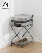 Luggage Rack with Storage Shelf, Foldable Suitcase Stand, Heavy Duty Metal Luggage Holder, 150 lbs Top Capacity, 50 lbs Bottom Shelf, for Guest Room, Bedroom, Hotel LR-GY-1
