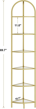 Homhedy 6-Tier Corner Shelf Stand, Metal Corner Bookshelf, Tempered Glass Shelves, Bathroom Storage Rack Shelf, Plant Stand, Modern Style, Golden
