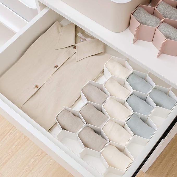 Poeland Drawer Divider Organizer Adjustable DIY Grid Honeycomb Drawer Divider for Underwear Belt Scarf Socks White
