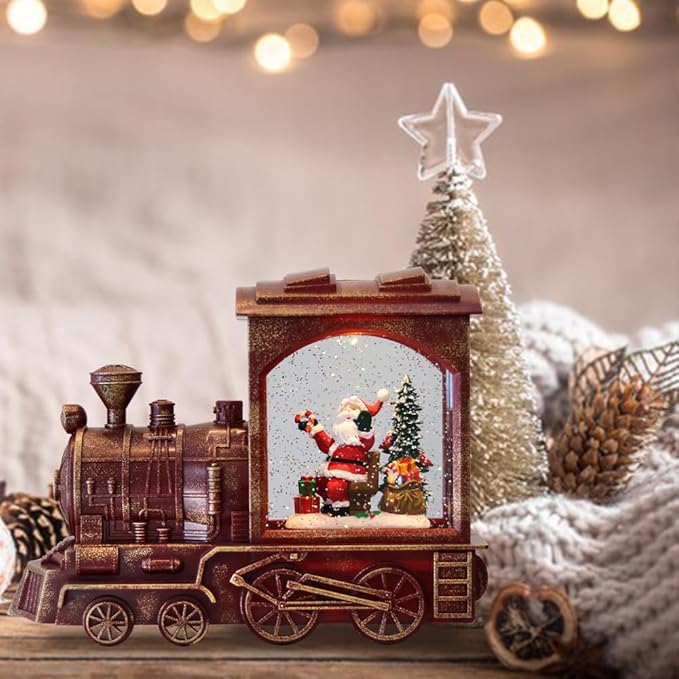 Musical Christmas Snow Globe Lantern Battery Operated with 6 Hour Timer Spinning Water Red Train Singing Lighted Snow Globe Lamp Holiday Decoration Gift(Santa, 10.6 x 4.3 x 8.3 Inches)