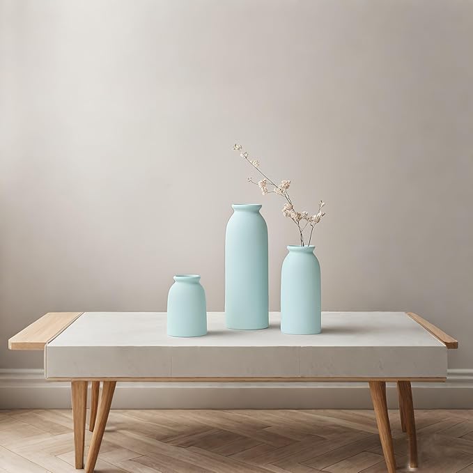 Ceramic Vase Set-3, Small Flower Vases for Decor, Modern Boho Farmhouse Style, Decorative Vases for Pampas Grass & Dried Flowers, Distressed Finish (Blue)