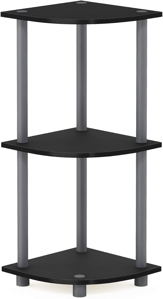 Furinno TURN-N-TUBE Corner Shelf, 3-Tier Corner Bookshelf, Display Storage Shelves with Open Shelves, for Organization and Storage, Living Room, Home Office, Garage, Black