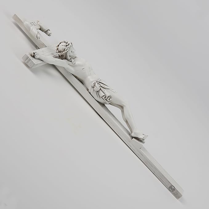 BC Catholic Crucifix Wall Cross, 10" H Jesus Christ Home Decor, Religious Gift, Wood Carved Look, Grey White Finish, Hand Painted by Buildclassic