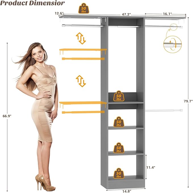 Cyclysio 4FT Small Closet System, 80"H Closet Organizer System with 4 Closets Rods & 3 Shelves, 48" Closets Organizers and Storage for Small Bedrooms, Laundry Rooms, Cloakrooms, Grey
