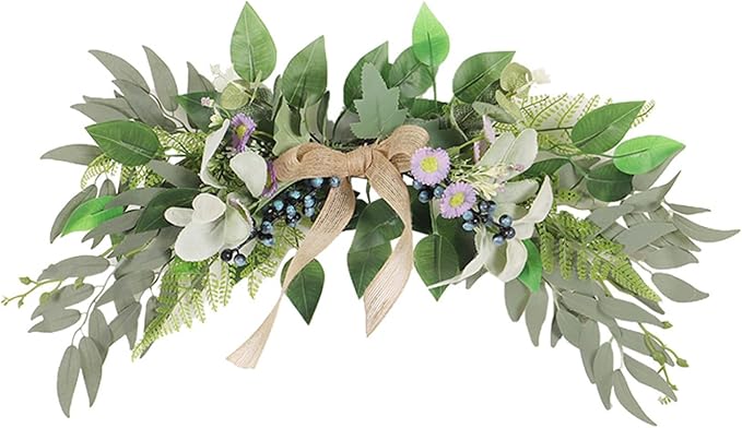 Artificial Flower Swag with Daisies, Berries & Bow, 21.7 Inch Farmhouse Greenery for Wedding, Wall, Door Decor