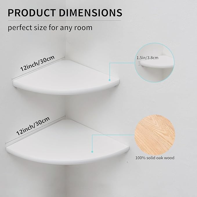 White Corner Shelf, Wall Mount 12inch Natural Oak Wood Floating Corner Wall Shelf Round End Small Corner Nightstand Plant Shelf for Bedroom, Kitchen, Living Room Set of 2