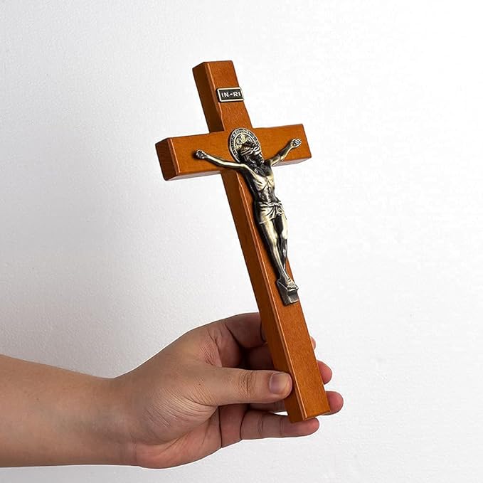 KUXBET Crucifix Wall Cross Wooden Jesus Christ Catholic Hanging Wall Cross for Home Decor 10 Inch Cross For Wall Golden Oak (10" L x 4.9" W)