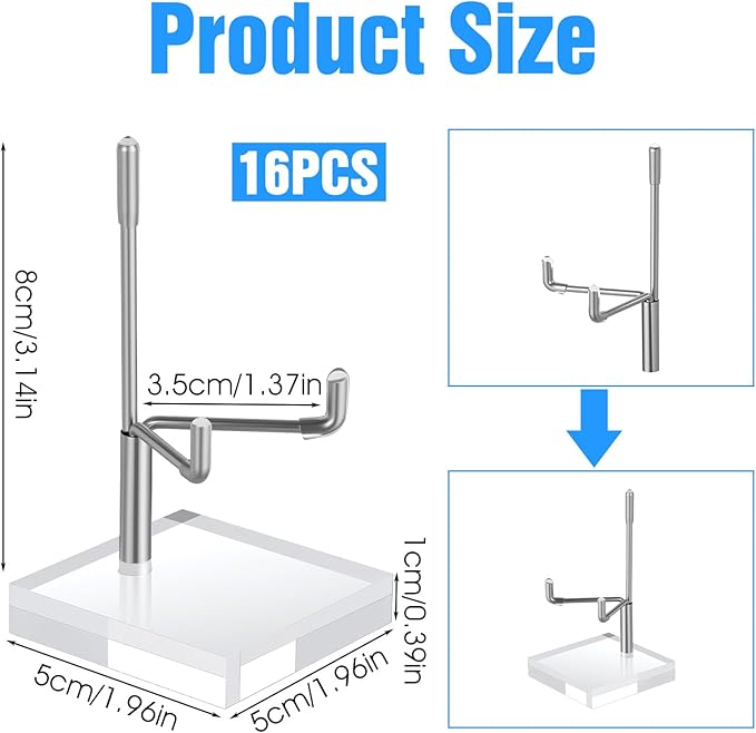 16 PCS Adjustable Metal Arms Display Stand, 2 X 2 X 3.5 Inch Small Rock Display Stand with Acrylic Base Small Displays Easel Holder Crystal Displays Stands for Picture Coral Geodes Mineral Agate