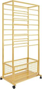 16-Layer Scarf Display Stand, Rolling Scarf Organizer Holder Hanging Rack with Wheels & Storage Basket for Retail Store Boutique Display Bedroom, W26.5*D16.9*H59in (Gold)