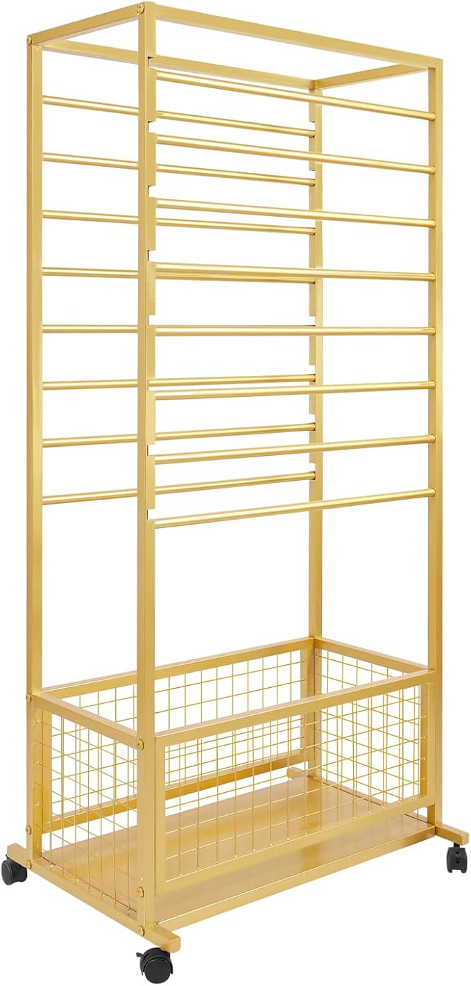 16-Layer Scarf Display Stand, Rolling Scarf Organizer Holder Hanging Rack with Wheels & Storage Basket for Retail Store Boutique Display Bedroom, W26.5*D16.9*H59in (Gold)