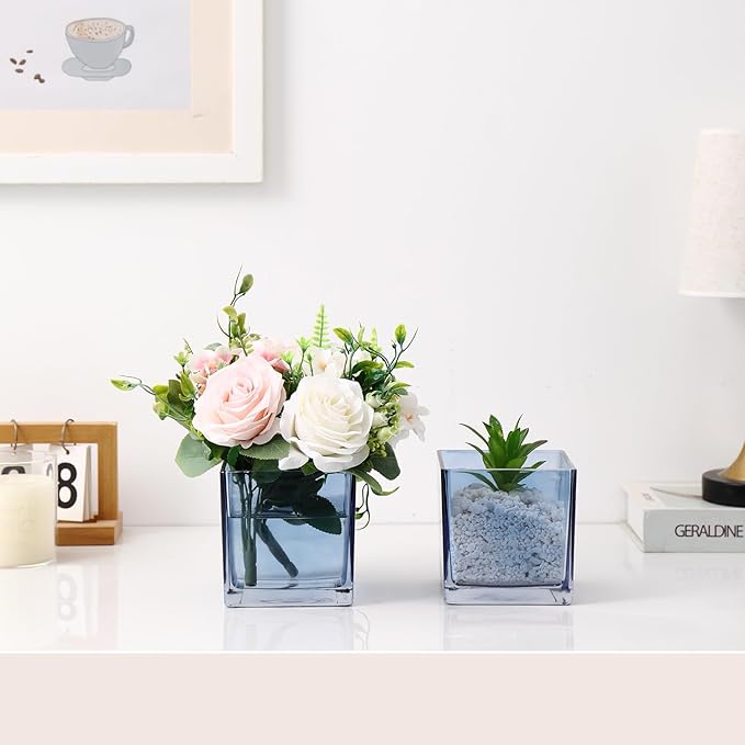Square Glass Vases Set of 4, 4"x 4"x 4" Flower Vases for Centerpieces, Blue Glass Vase for Flowers, Small Vase for Wedding, Party, Home Office Decoration